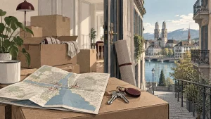 Illustration von Umzugskartons, Schlüsseln und Stadtplan in einer neuen Zürcher Wohnung.