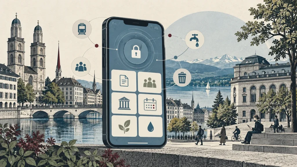 Editoriale Illustration eines Smartphones und digitaler Dienste vor Zürcher Architektur.