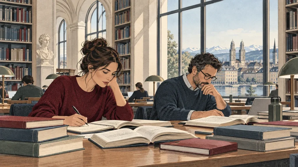 Illustration erwachsener Lernender mit Büchern in einer Zürcher Bibliothek.