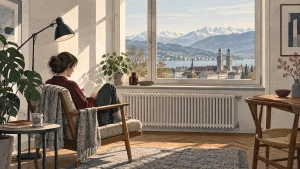 Illustration eines Schweizer Wohnraums mit Heizkörper, Fenster und Lampe.