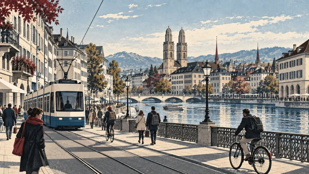 Illustration des Zürcher Alltags an der Limmat mit Tram, Velos und Grossmünster.