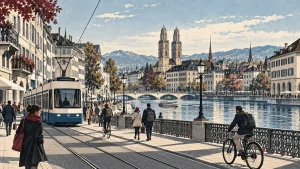 Illustration des Zürcher Alltags an der Limmat mit Tram, Velos und Grossmünster.