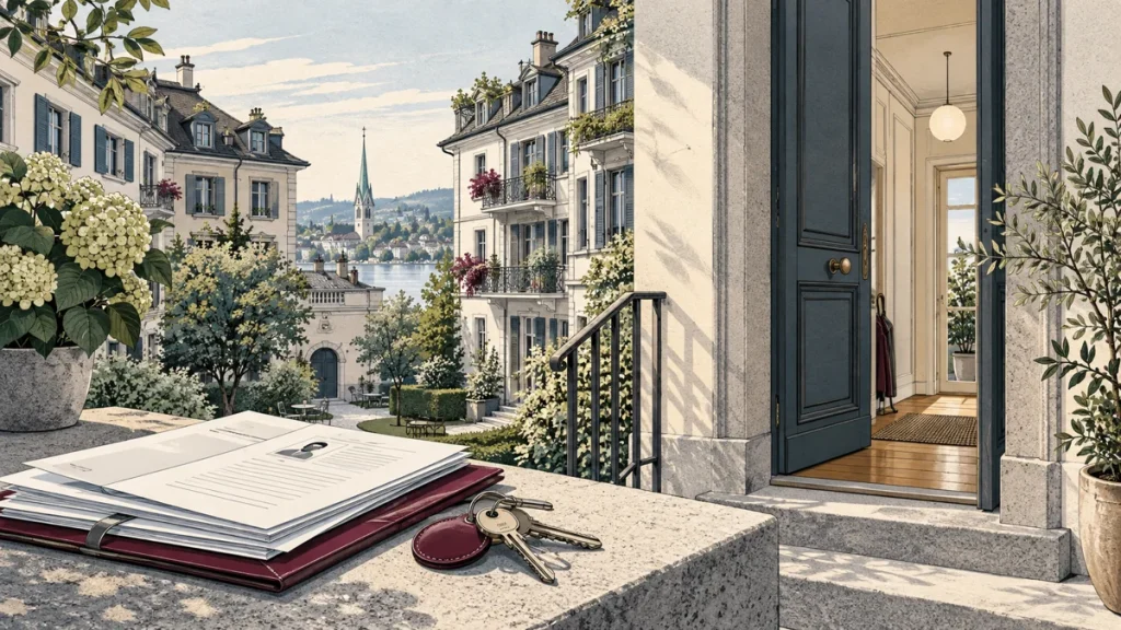 Illustration einer Zürcher Wohnumgebung mit Schlüsseln und Bewerbungsunterlagen.