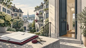 Illustration einer Zürcher Wohnumgebung mit Schlüsseln und Bewerbungsunterlagen.
