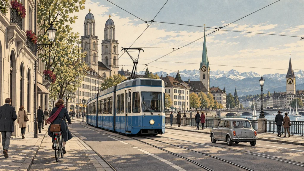 Illustration verschiedener Verkehrsmittel auf einer Zürcher Strasse: Tram, Velo und Auto.
