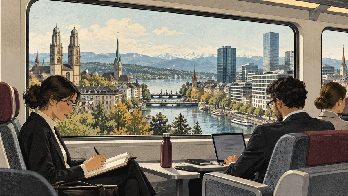 Illustration von Berufstätigen und dem Blick auf Zürich aus einem Pendlerzug.
